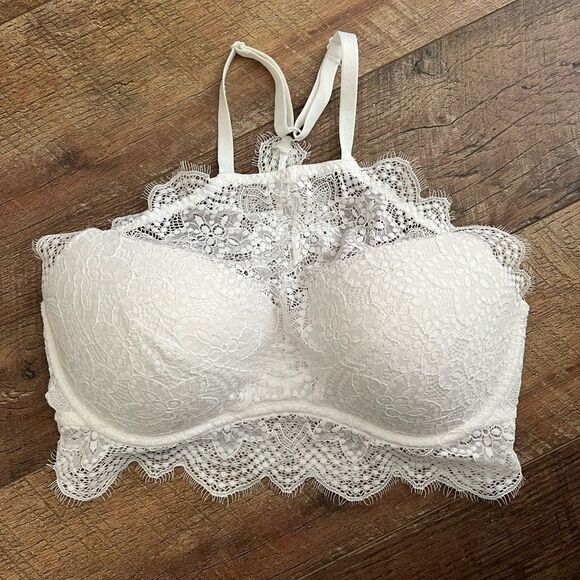 White Victoria's Secret PINK Eyelash Lace High Neck Push Up Bralette Sz Medium - Picture 2 of 15
